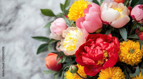 Wallpaper Mural Vibrant peony and chrysanthemum bouquet on marble. Torontodigital.ca