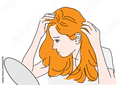 Young woman checking for thinning hair in mirror at home