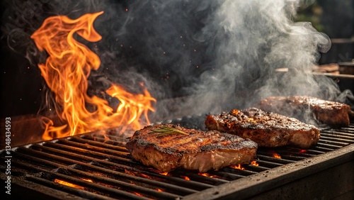 Delicious steaks grilling over a braai with smoke and flames at a backyard barbecue in the evening