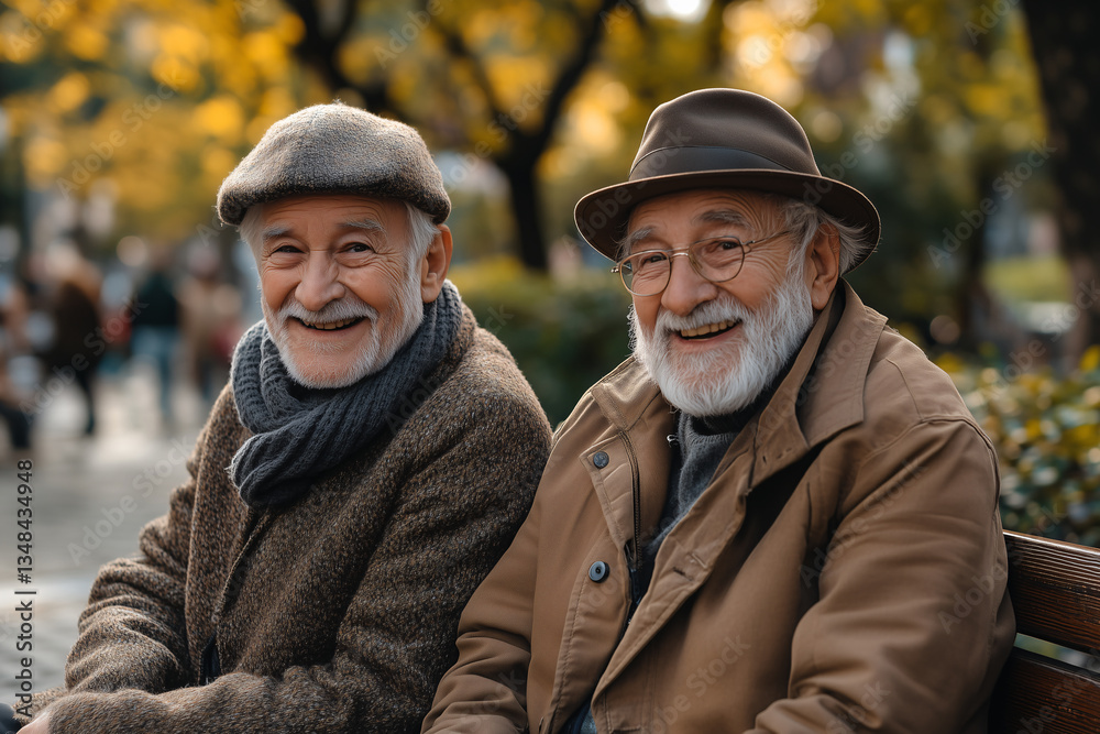Timeless Friendship – Two Elderly Men Smiling Together on a Park Bench Timeless Friendship – Two Elderly Men Smiling Together on a Park Bench