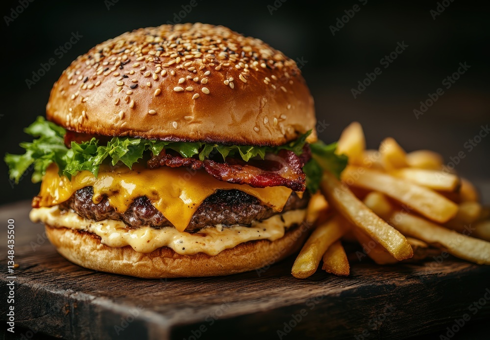 Delicious and Juicy Cheeseburger with Bacon, Lettuce, and Fries on Wooden Platter in Rustic Setting Perfect for Food Lovers and Culinary Enthusiasts Delicious and Juicy Cheeseburger with Bacon, Lettuce, and Fries on Wooden Platter in Rustic Setting Perfect for Food Lovers and Culinary Enthusiasts