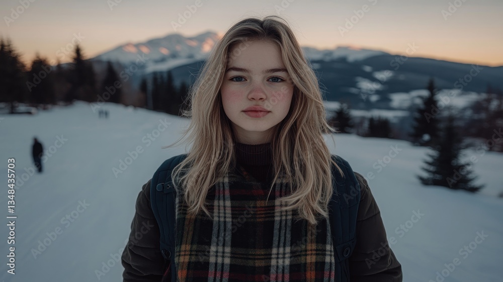 Winter portrait of a young woman in snowy mountains Winter portrait of a young woman in snowy mountains