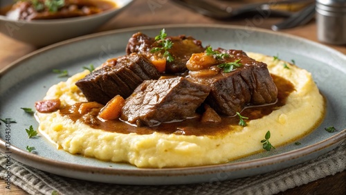 Braised beef served on a bed of creamy polenta with savory sauce and vegetables