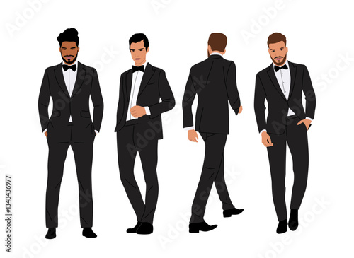Set of men wearing tuxedo evening outfit for Christmas, New Year, Wedding event, party. Male cartoon character in different poses vector realistic illustration isolated on transparent background.