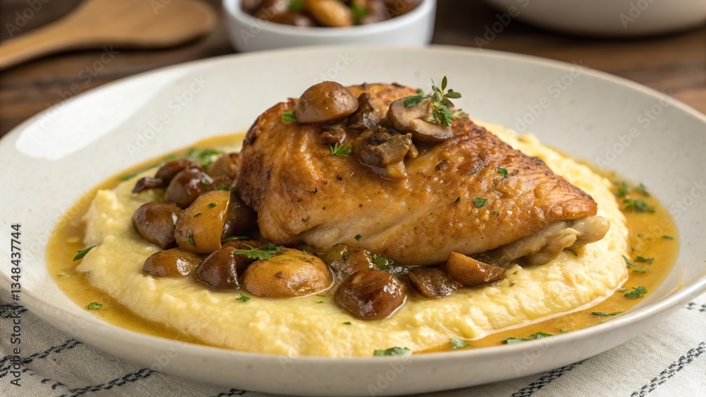 Braised chicken with chestnuts served on creamy polenta in a rustic kitchen setting Braised chicken with chestnuts served on creamy polenta in a rustic kitchen setting