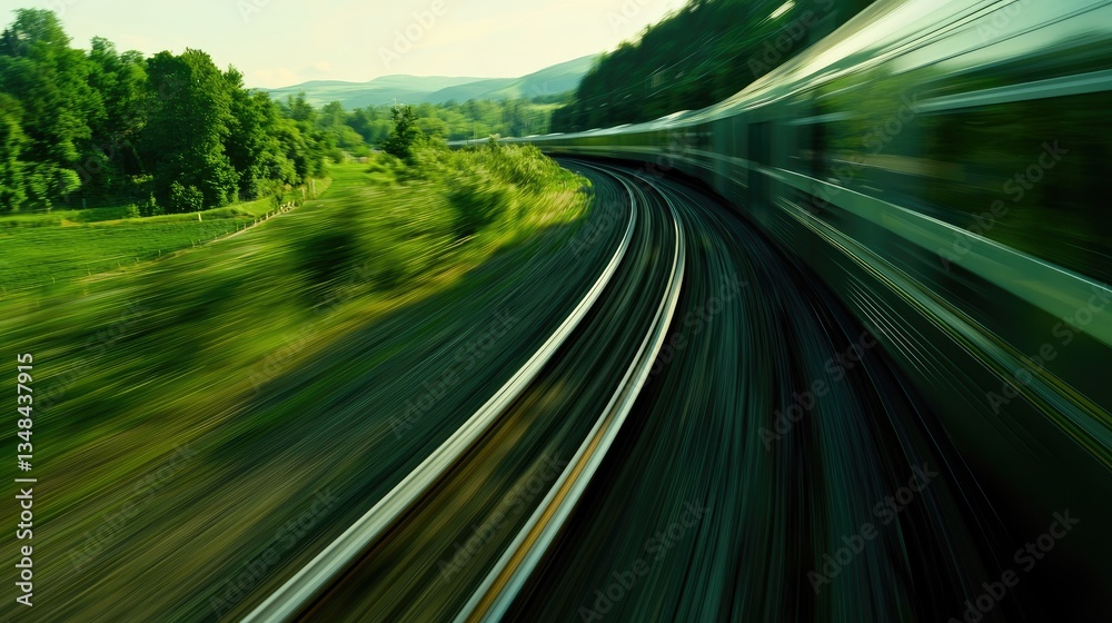 A detailed shot of the wheels of a commuter train on the tracks, with motion blur highlighting speed in the green countryside. A detailed shot of the wheels of a commuter train on the tracks, with motion blur highlighting speed in the green countryside.