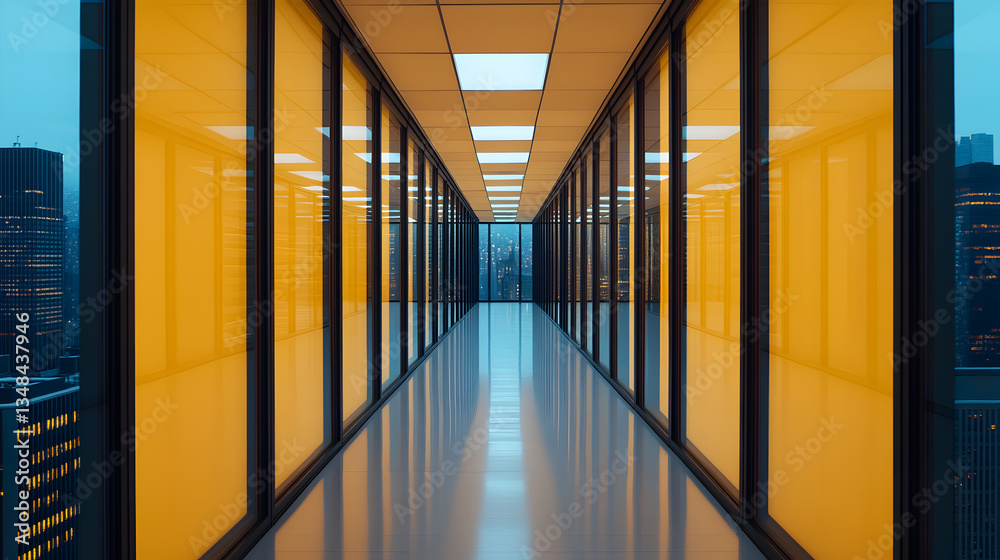 Fototapeta premium Contemporary office corridor in a high-rise urban setting a minimalist approach