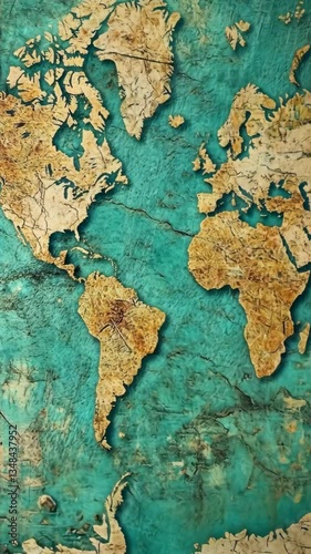 World map illustration with detailed outlines of continents on turquoise textured background
