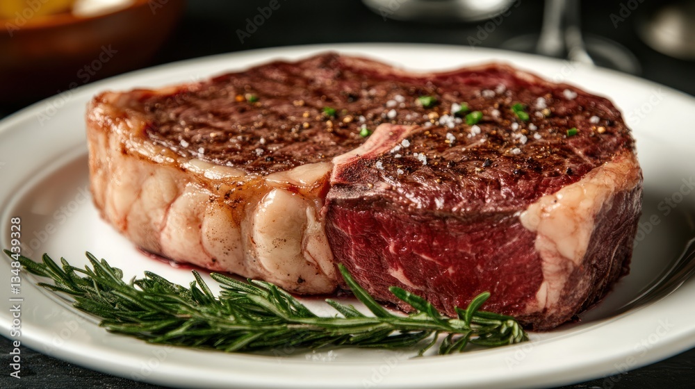 Exquisite Ribeye Steak on a Plate with Rosemary Garnish close up Exquisite Ribeye Steak on a Plate with Rosemary Garnish close up