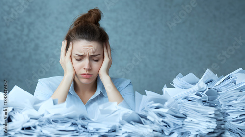 Overwhelmed by paperwork a young woman's struggle in a busy office environment
