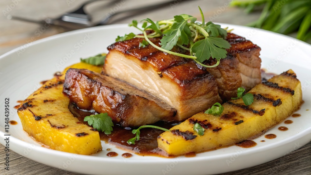 Deliciously braised pork belly served with grilled pineapple for a savory and sweet culinary delight Deliciously braised pork belly served with grilled pineapple for a savory and sweet culinary delight