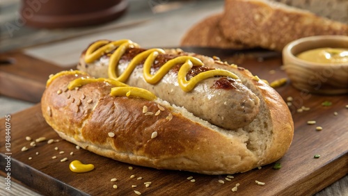 Savory bratwurst served in a warm bavarian pretzel bun with mustard and a side of dipping sauce