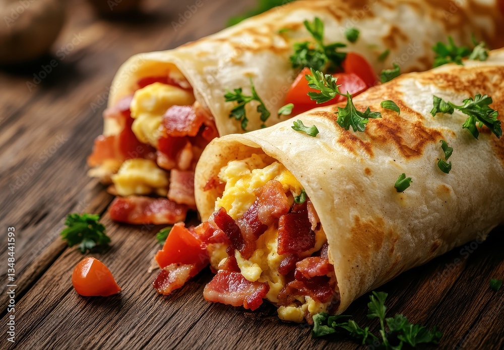 Delicious breakfast burrito with scrambled eggs, crispy bacon, fresh tomatoes, and herbs wrapped in a warm tortilla on rustic wooden table Delicious breakfast burrito with scrambled eggs, crispy bacon, fresh tomatoes, and herbs wrapped in a warm tortilla on rustic wooden table