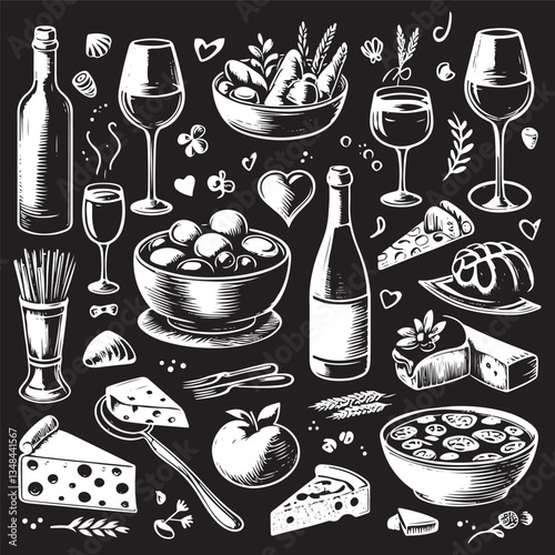chalk food vector illustrations. wedding dinner icons, wine or champagne glass, cheese, and charcuterie drawings for wedding invitations, cafe menus, and parties.