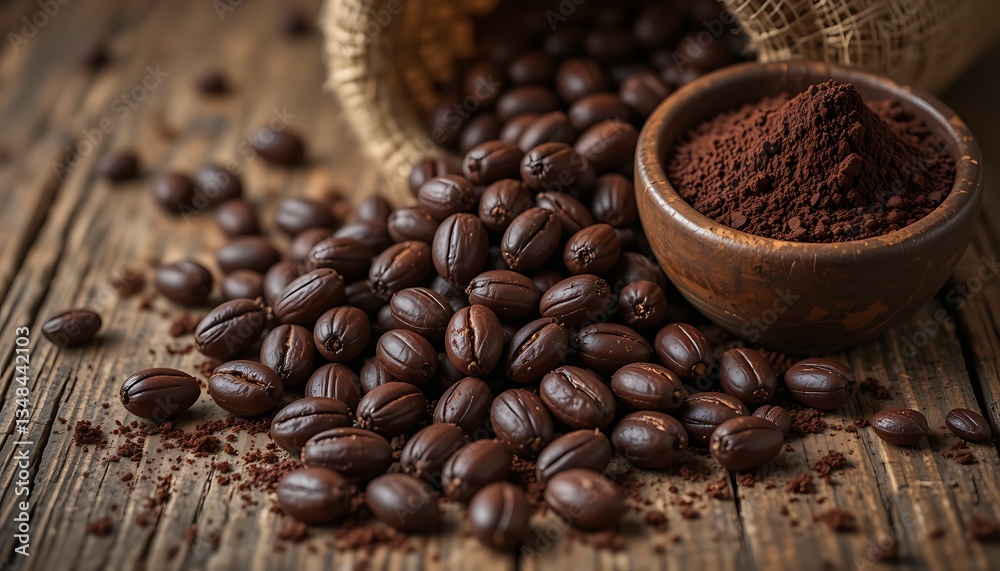 Fototapeta premium Roasted Coffee Beans and Ground Coffee on Rustic Wooden Table