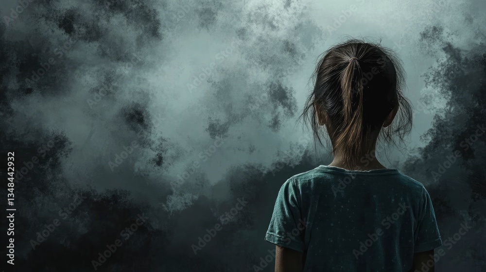 Young Girl Facing Abstract Stormy Clouds Backdrop with a Thoughtful Expression Young Girl Facing Abstract Stormy Clouds Backdrop with a Thoughtful Expression