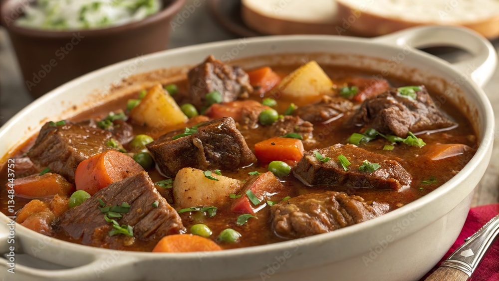 Hearty beef casserole with tender chunks and vibrant vegetables served in a bowl on rustic wooden table Hearty beef casserole with tender chunks and vibrant vegetables served in a bowl on rustic wooden table