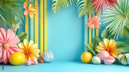 Bright Tropical Spring Flowers and Easter Eggs Background Scene for Celebration