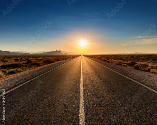 A long, straight, empty asphalt road with the setting sun and sky in the distance