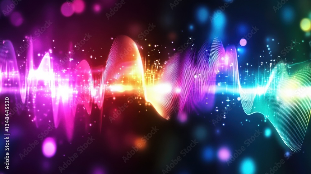 Obraz premium colorful sound waves, fluid energy, vibrant neon spectrum, dynamic motion, immersive psychedelic visuals, cosmic frequency, meditative vibration, abstract flow, glowing audio patterns, wide.