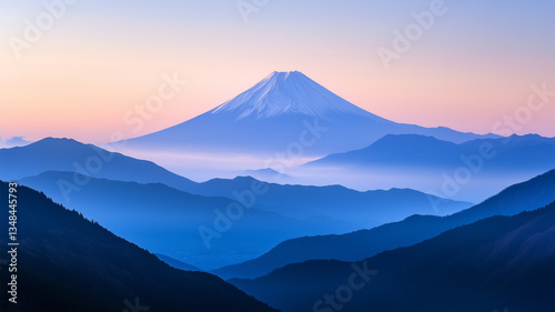 幻想的な朝焼けに浮かぶ富士山の風景