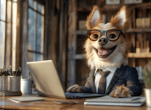 Stylish Dog in Suit Working on Laptop at Desk