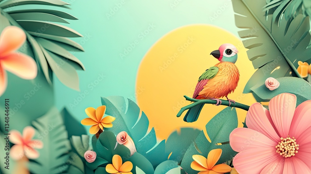 Fototapeta premium Vibrant Parrot Perched on Branch Among Tropical Flowers and Leaves