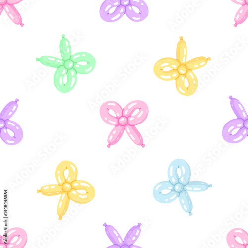 Seamless pattern of colorful bow balloons, cute toys. Trendy background with twisted balloon y2k decor. Inflated coquette bow. Party festive backdrop. Flat vector illustration