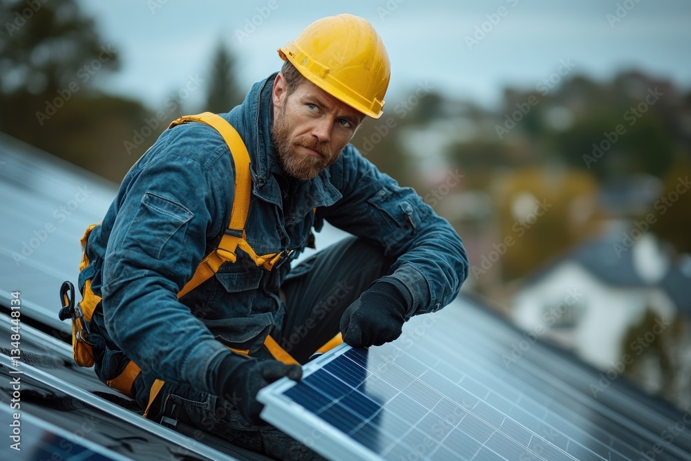 Skilled Worker Installing Solar Panels on Residential Rooftop Under Bright Sunlight Skilled Worker Installing Solar Panels on Residential Rooftop Under Bright Sunlight