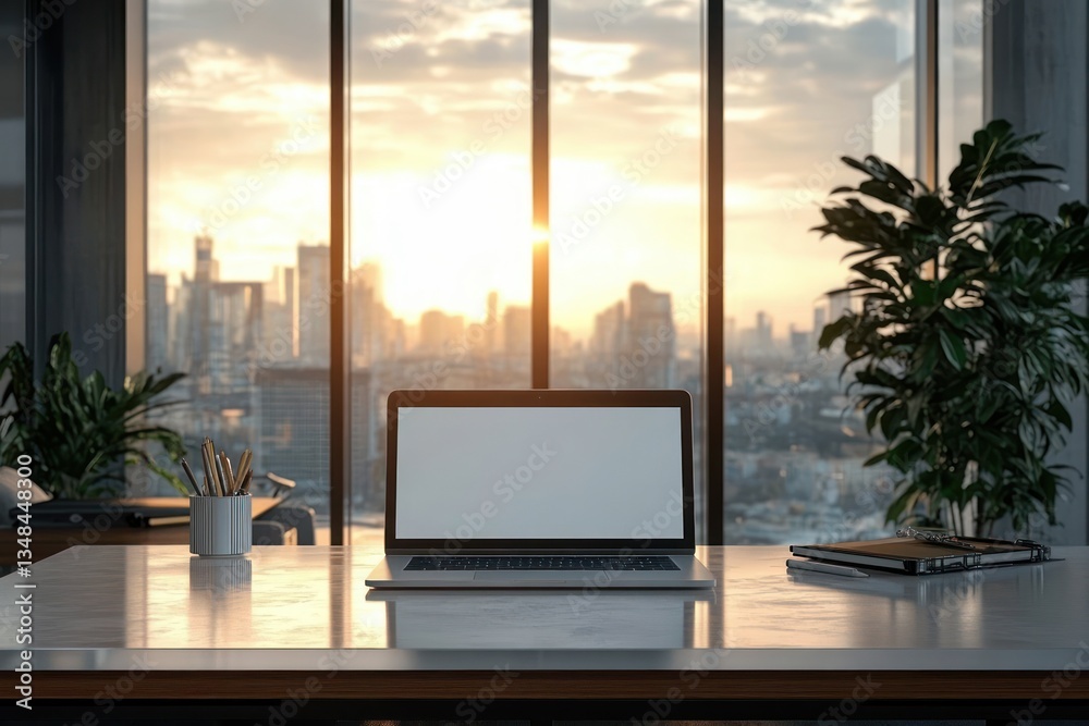 Modern Office Workspace with Laptop on Desk and Cityscape View Modern Office Workspace with Laptop on Desk and Cityscape View