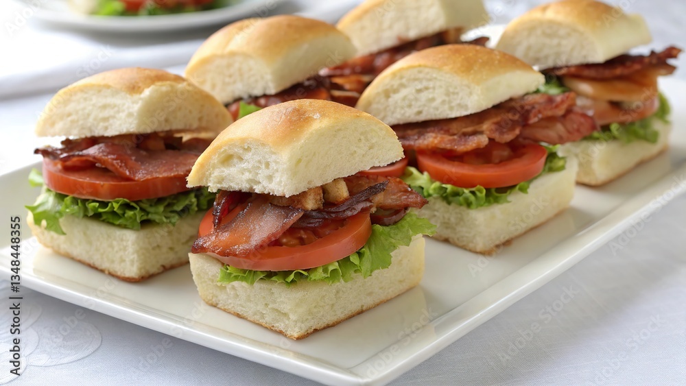 Mini BLT sandwiches on cocktail rolls served as bite-sized appetizers at a gathering Mini BLT sandwiches on cocktail rolls served as bite-sized appetizers at a gathering