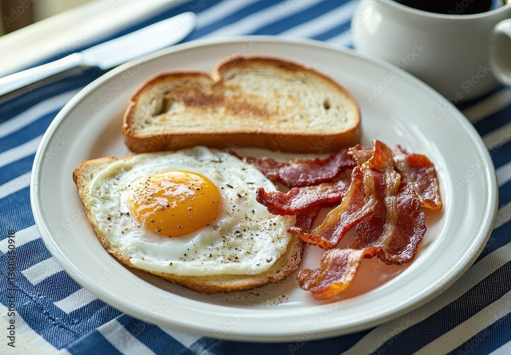 Delicious breakfast plate with fried egg, crispy bacon, and toasted bread on a blue striped tablecloth, perfect for morning meal inspiration