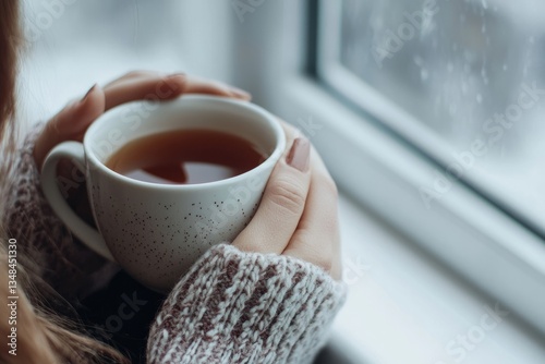 Sitting quietly on a windowsill, a person holds a warm cup of tea. They gaze softly outside, whispering gentle affirmations to begin the day