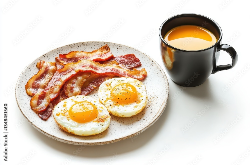 Delicious Breakfast Plate with Fried Eggs, Crispy Bacon Strips, and a Hot Cup of Coffee in a Simple Black Mug on a White Background Delicious Breakfast Plate with Fried Eggs, Crispy Bacon Strips, and a Hot Cup of Coffee in a Simple Black Mug on a White Background