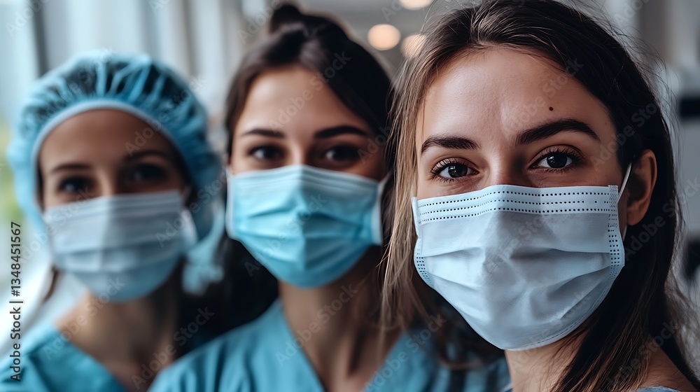 Three female healthcare workers wearing protective face masks, showcasing their dedication and resilience during a pandemic. Three female healthcare workers wearing protective face masks, showcasing their dedication and resilience during a pandemic.