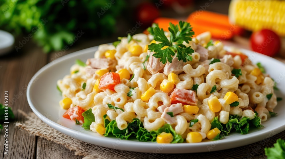 Delicious and Creamy Macaroni Salad with Corn, Ham and Fresh Vegetables Delicious and Creamy Macaroni Salad with Corn, Ham and Fresh Vegetables