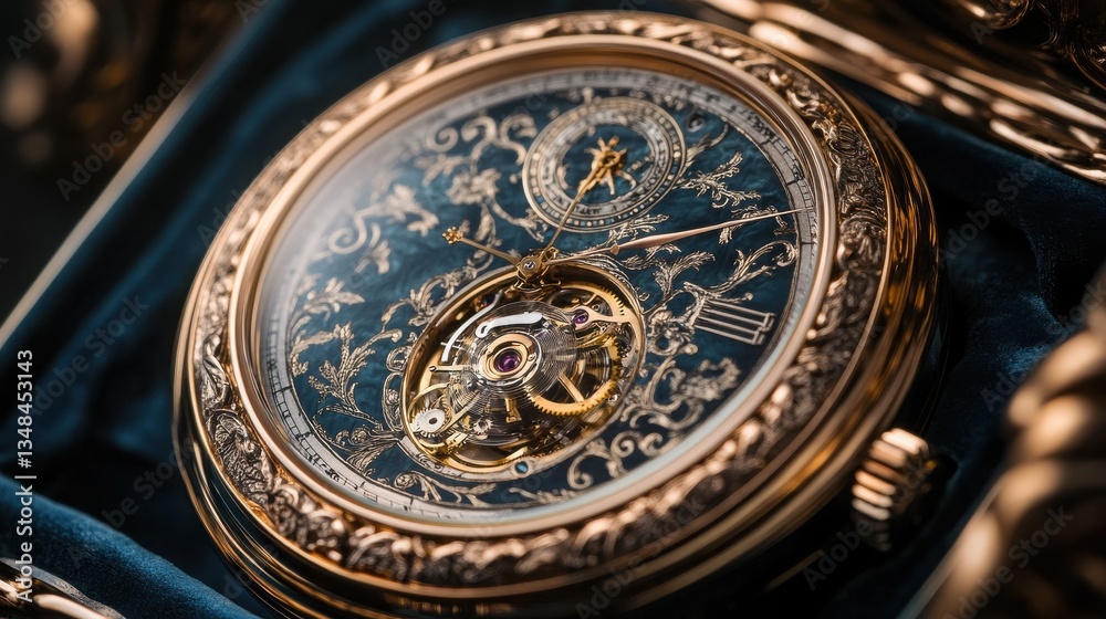 Obraz premium Exquisite Rose Gold Pocket Watch with Intricate Hand Engraved Design and Exposed Tourbillon Movement