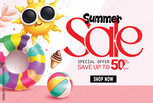 Summer sale template clipart poster design. Summer sale text with tropical elements like sun and floaters clip art for holiday season special offer 50% off discount