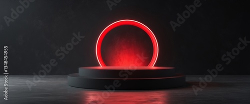 Red light round podium and black background for mock up.