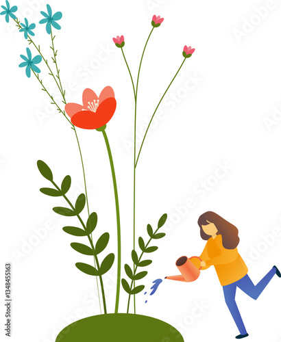 girl watering flowers with watering can simple vector