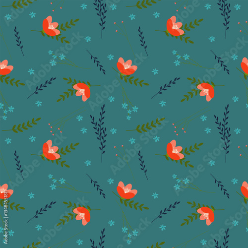 Red flowers and dark leaves pattern on dark green background