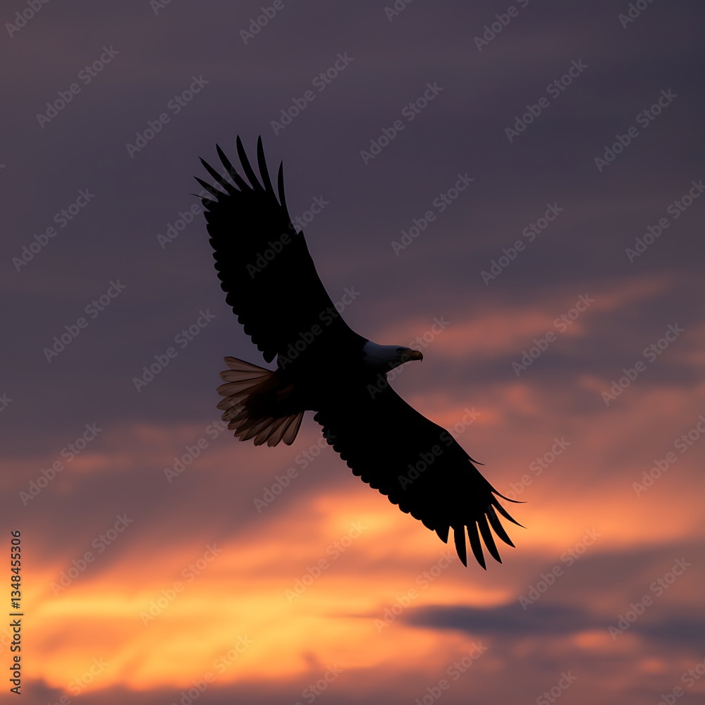 Fototapeta premium Majestic Silhouette of a Bald Eagle in Flight at Sunset