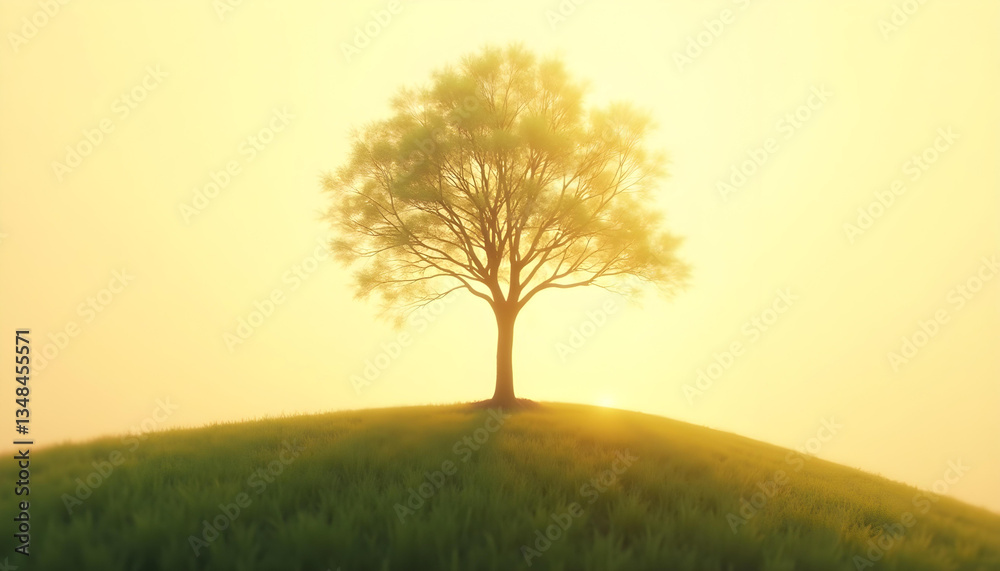 a single tree stands proudly on a grassy hill, bathed in the warm glow of the rising sun or setting sun. The scene evokes a sense of tranquility and natural beauty. a single tree stands proudly on a grassy hill, bathed in the warm glow of the rising sun or setting sun. The scene evokes a sense of tranquility and natural beauty.