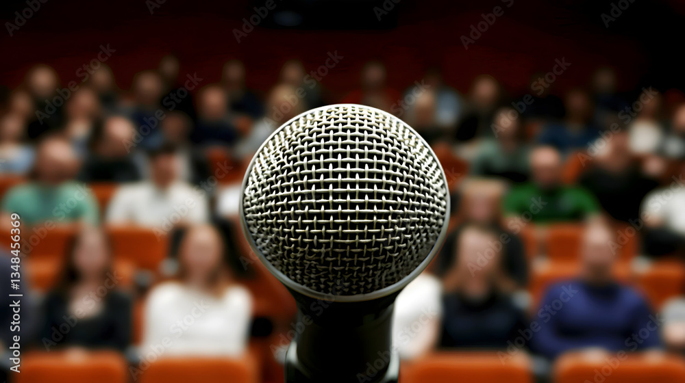 A microphone in front of an audience, symbolizing a comedy or music performance, perfect for illustrating live entertainment, comedy shows, music events, and public performances.
A microphone in front of an audience, symbolizing a comedy or music performance, perfect for illustrating live entertainment, comedy shows, music events, and public performances.