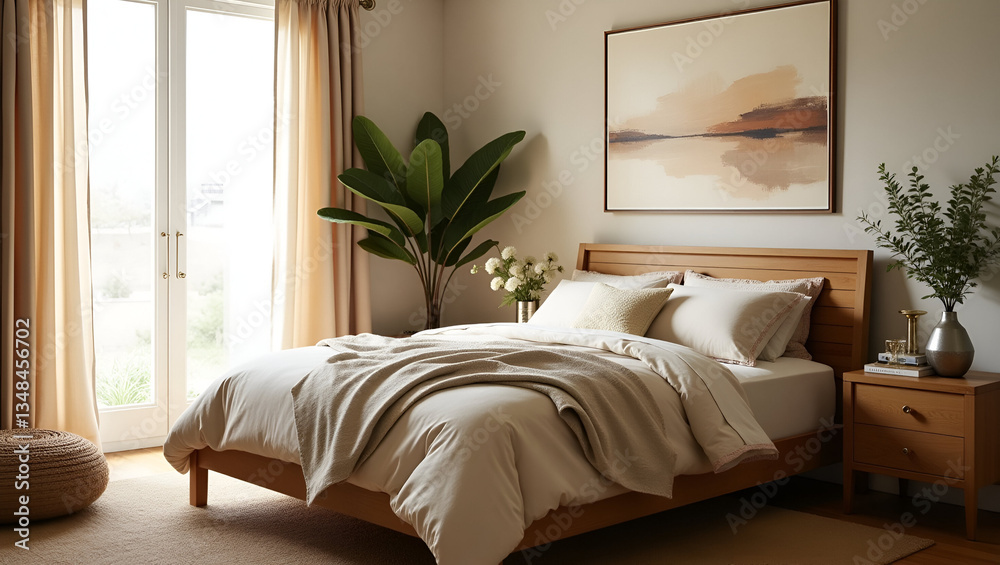 A Serene and Refined Bedroom Setting with Plush Layers and Elegant Decor A Serene and Refined Bedroom Setting with Plush Layers and Elegant Decor