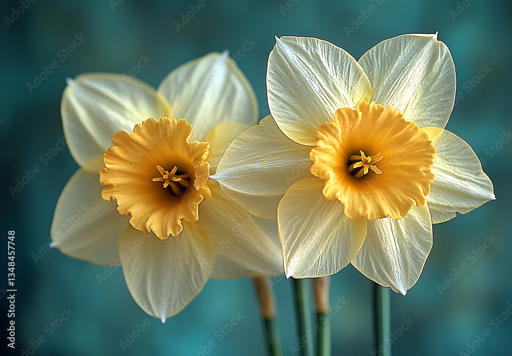 Fototapeta premium Two Daffodils with Yellow Centers on a Soft Blue-Green Background