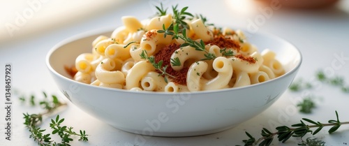 Mac and cheese being seasoned with herbs and spices.