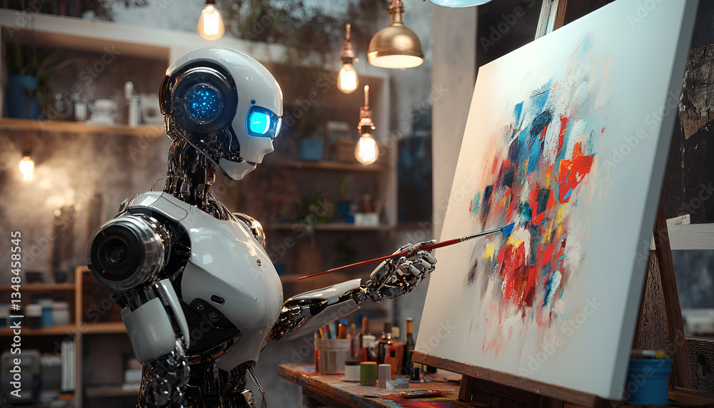 Fototapeta premium mage showcases a humanoid robot painting an abstract artwork on a canvas in a well-lit, modern art studio