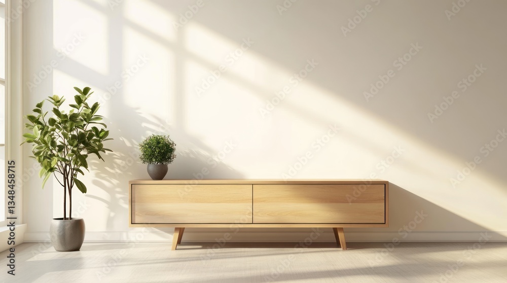 Fototapeta premium Modern Interior with Wooden Cabinet, Potted Plants, and Sunlight Streaks