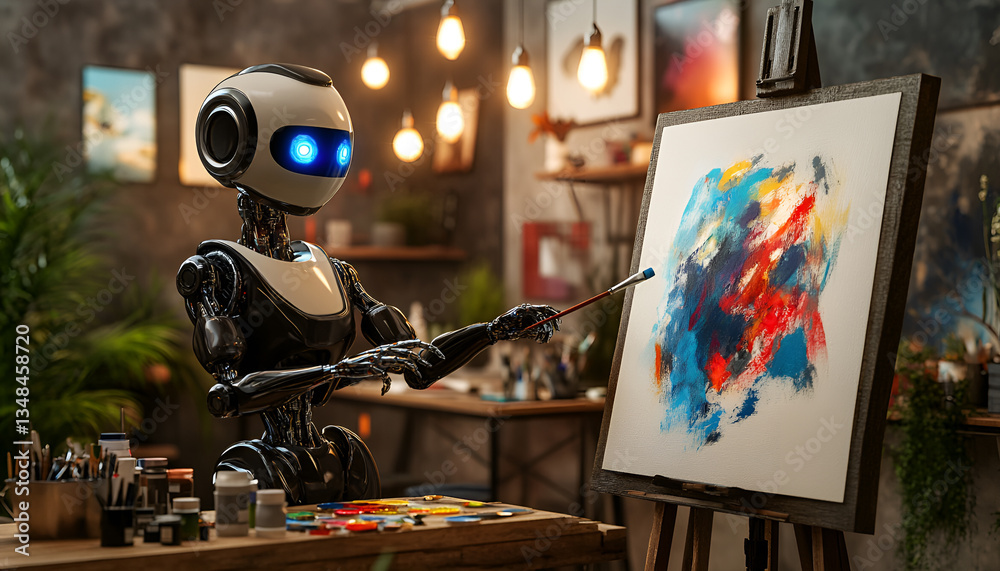 mage showcases a humanoid robot painting an abstract artwork on a canvas in a well-lit, modern art studio mage showcases a humanoid robot painting an abstract artwork on a canvas in a well-lit, modern art studio